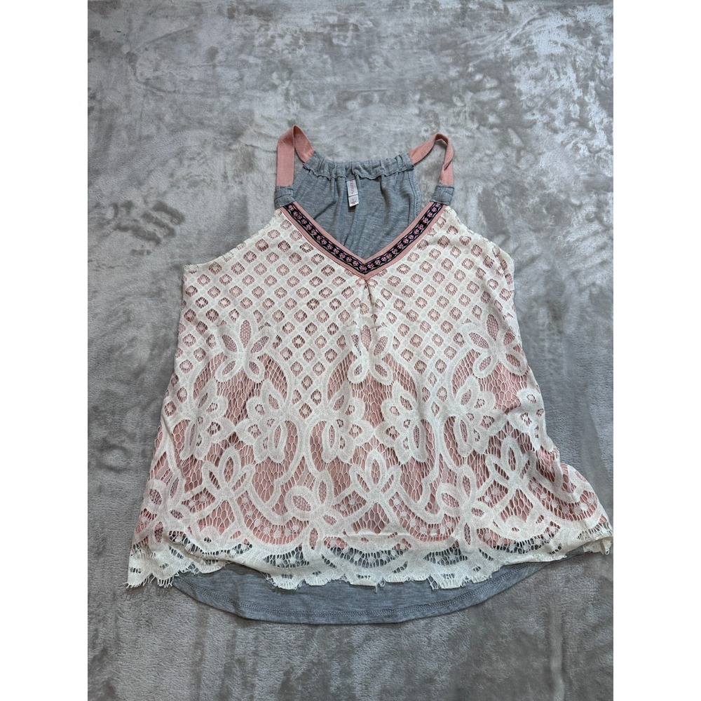 Xhilaration Boho Lace Floral Halter Tank Top Gray Pink Medium Lined EUC